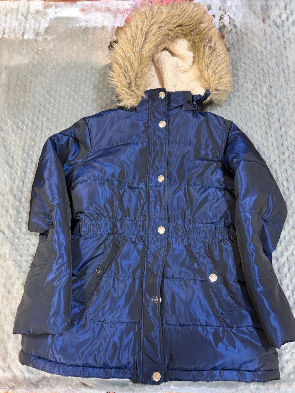 Justice Navy Blue Hooded Puffer Coat with Faux Fur Trim